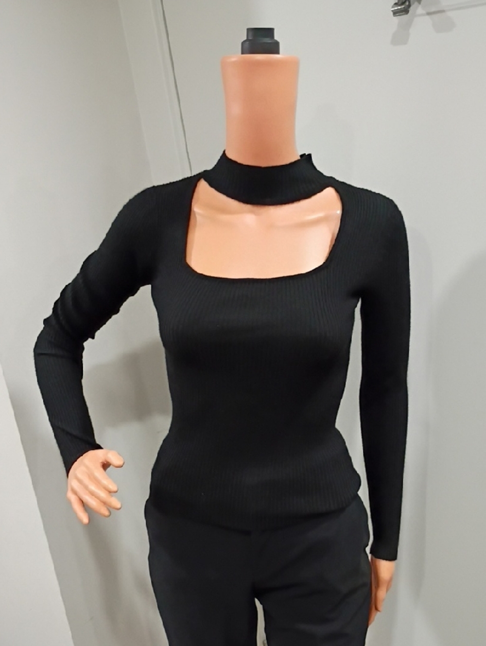 Mock Neck Black Ribbed Long-Sleeve Top with Square Cutout